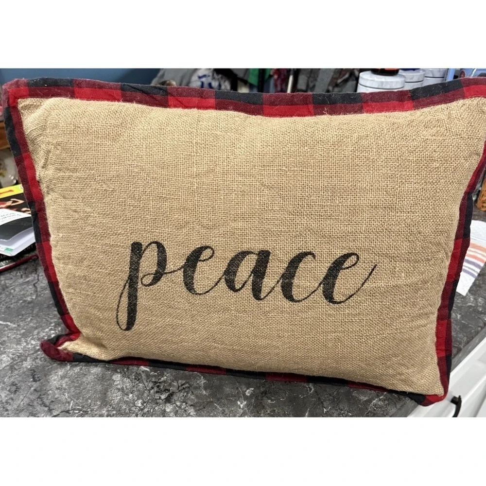 Newport Holiday Christmas Peace Decorative Pillow Burlap Plaid Down Filled 20X14